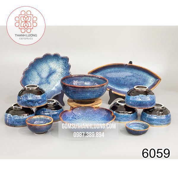 Bộ Đồ Ăn Men Hỏa Biến Xanh Đá Bát Tràng - 6059