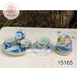 Bộ Ấm Chén Bọc Đồng Quai Ngang Men Lam