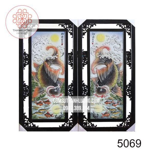 Bộ Tranh Sứ Đắp Nổi Cá Chép Trông Tăng Men Màu 100x50cm