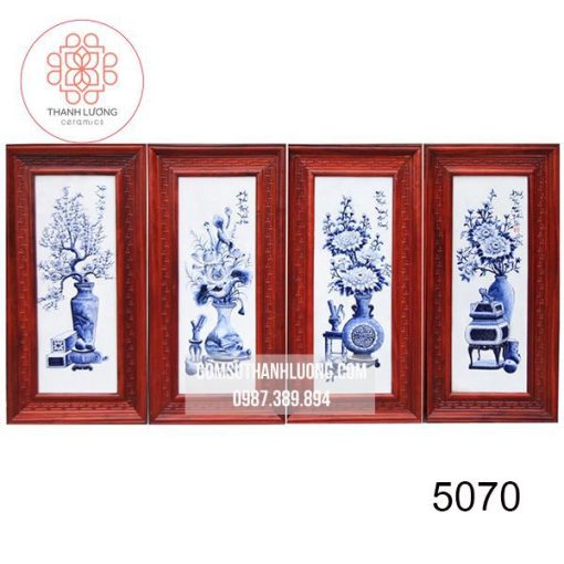 Bộ Tranh Sứ Đắp Nổi Cổ Đồ Tràm Khung Gỗ Hương 98x48cm