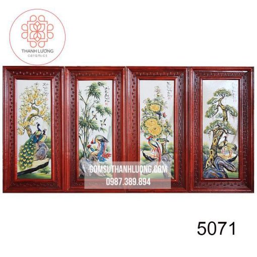 Bộ Tranh Sứ Bát Tràng Đắp Nổi Tùng Cúc Trúc Mai Khung Gỗ Hương 98x48 cm