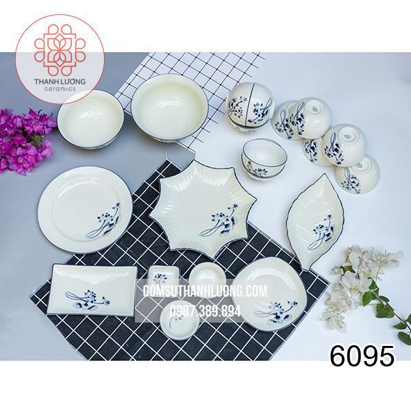 Bộ Bát Đĩa Sứ Bát Tràng Sen Đen - 6095