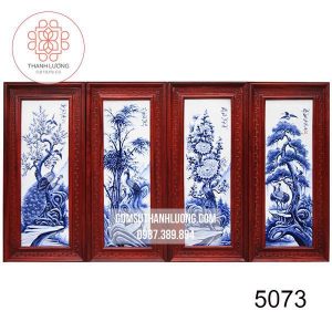 Bộ Tranh Sứ Bát Tràng Men Tràm Đắp Nổi Tùng Cúc Trúc Mai Khung Gỗ Hương 117x52cm